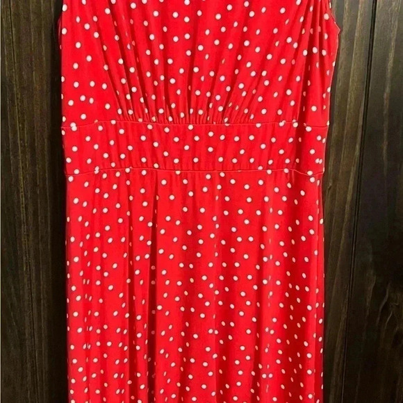 LONDON TIMES Sleeveless Flare Midi Dress Red with White Polkadots-Size: US 8 - Picture 8 of 10
